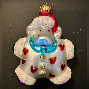 Hippo Santa in glitter heart snowsuit glass Christmas ornament. EUC